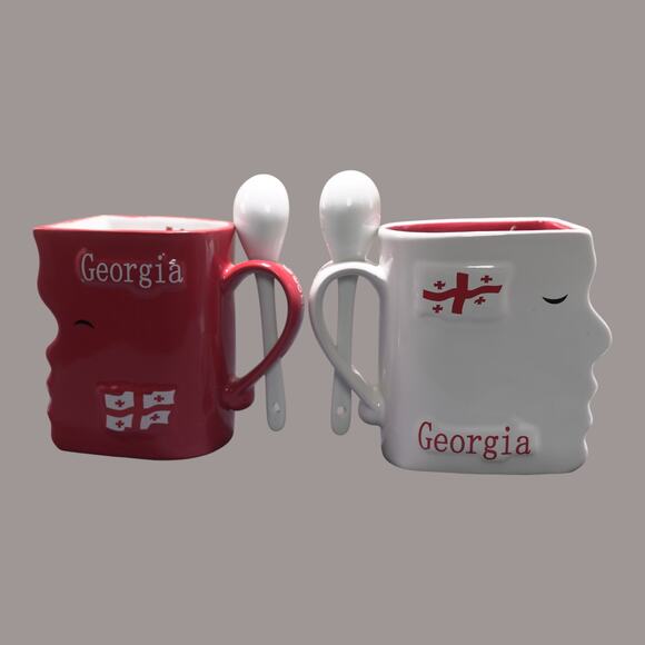 Kissing Mugs w/ 2 Teaspoons Ceramic Red & White Gift Valentine NWOT - Picture 4 of 11